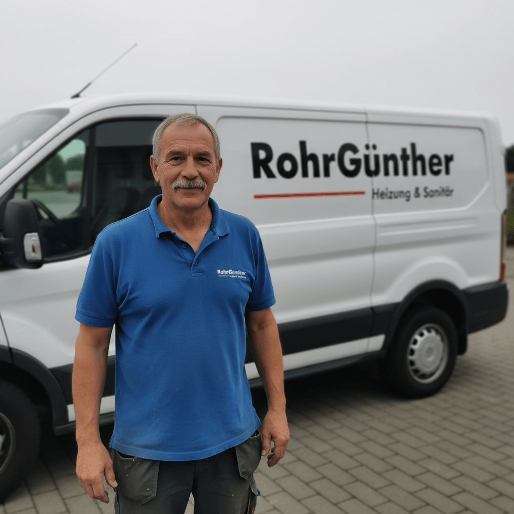 Robert Günther Inhaber von RohrGünther steht freundlich vor einem Einsatzfahrzeug